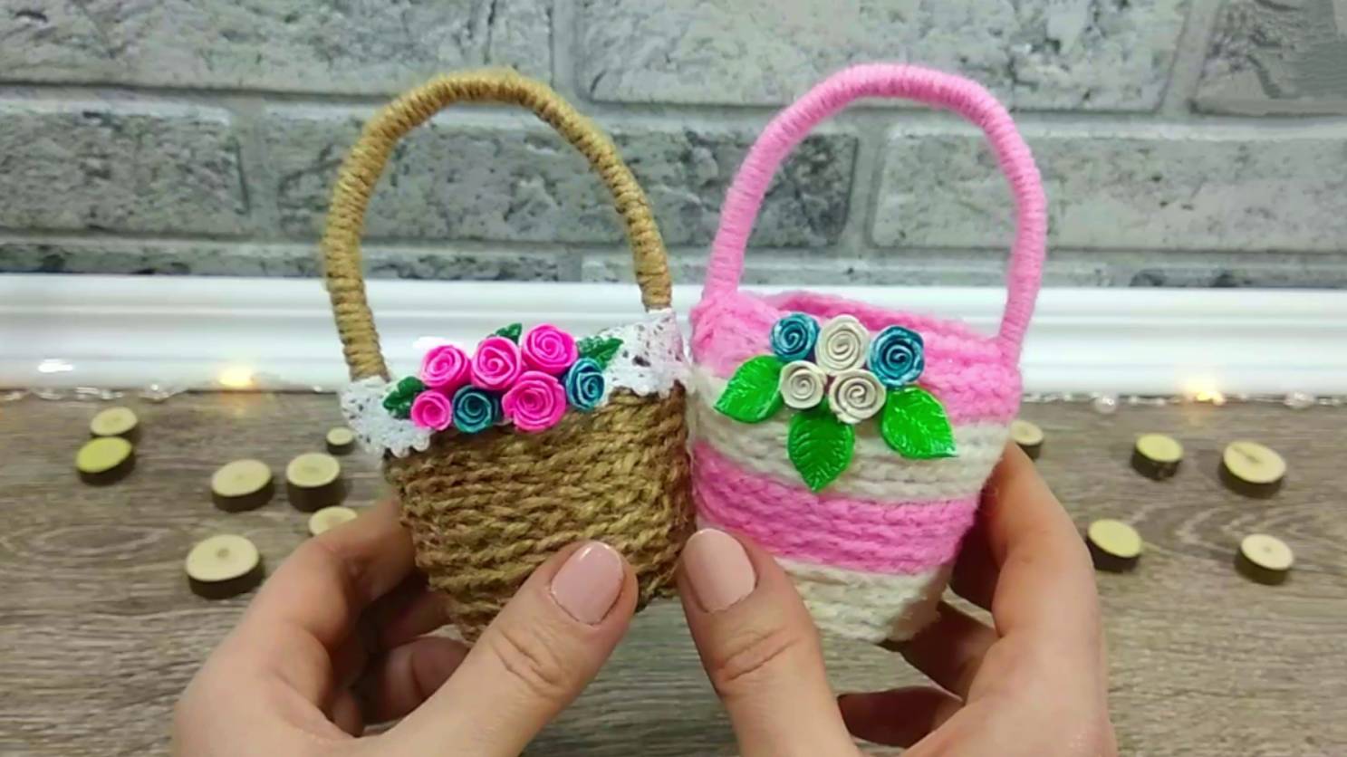 Корзиночки из джута и пряжи. DIY. смотреть онлайн