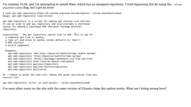 Ubuntu: How do I fix apt-add-repository "no such option: --allow-unauthenticated"? смотреть онлайн
