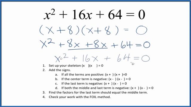 How To Solve X^2 + 16x + 64 = 0 By Factoring