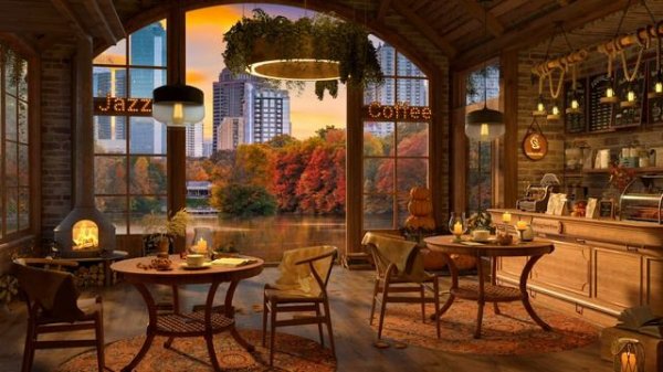 Autumn Evening 4K Cozy Coffee Shop Ambience ☕ Smooth Jazz Music to Relax/Study/Work to