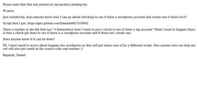 Check to see if there a wordpress user account and create one if not outside of wordpress смотреть онлайн