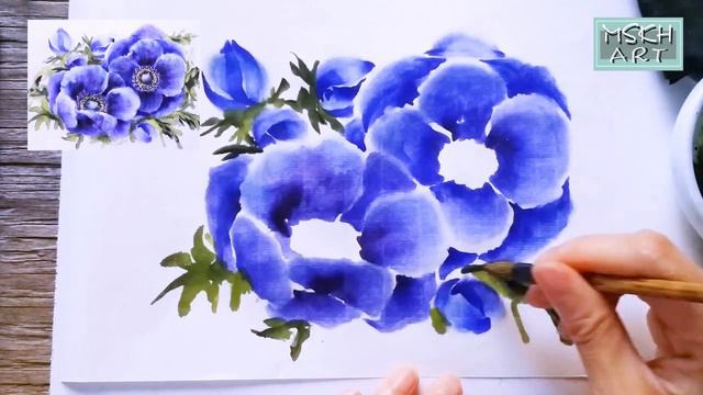 (RicePaper&Watercolour)Painting Anemone/Watercolor on rice paper/Step by Step /한지수채//MSKH ART/수묵일러 смотреть онлайн