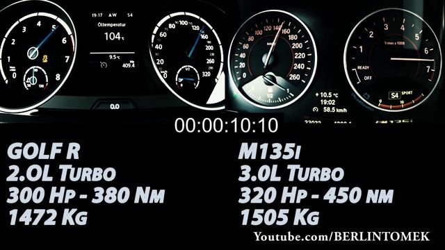 BMW M135i vs VW GOLF 7 R Acceleration 0-200 Onboard Sound Comparision Test Drive Autobahn смотреть онлайн