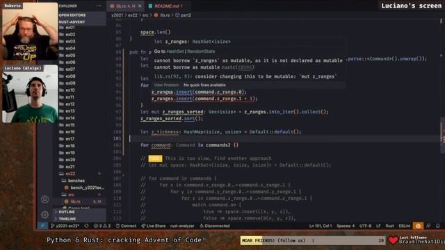 ? Rust vs ? Python: Advent of code in Rust - solving days 22/2021 PART 1 (Twitch Live 2022-08-29) смотреть онлайн