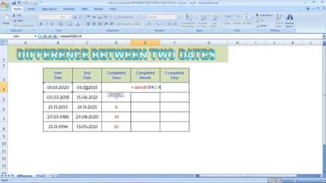 How to Calculate DIFFERENCE BETWEEN TWO DATES in Excel - Tamil смотреть онлайн