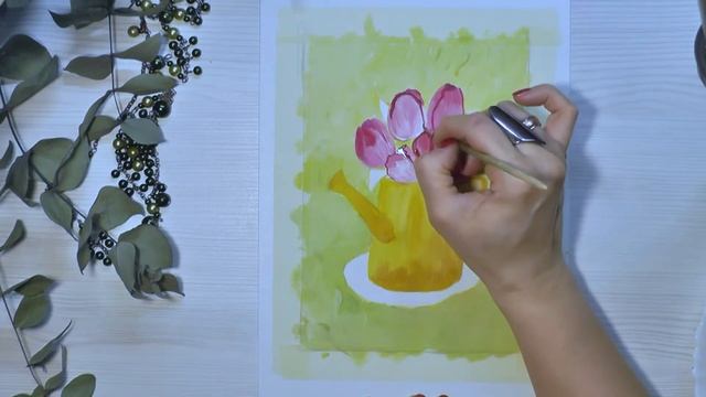 Тюльпаны в лейке. Рисуем акрилом или гуашью смотреть онлайн