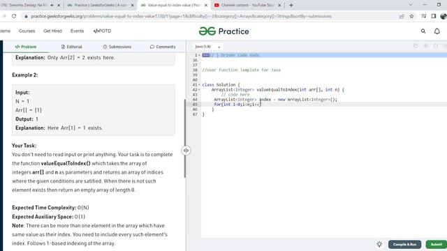 GFG - Value equal to index value using Java смотреть онлайн