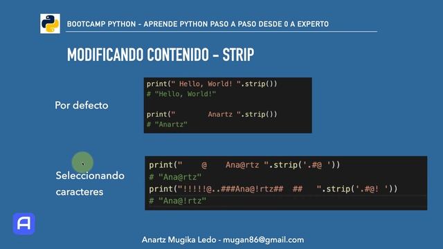 Bootcamp Python 3 - Tipos de datos - Strings - Modificando - strip смотреть онлайн