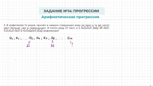 Задание 14 ОГЭ по математике. Арифметическая прогрессия. Сколько всего мест в последнем ряду. смотреть онлайн
