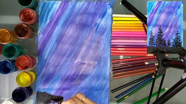 Рисуем Зимний ночной лес красками для начинающих смотреть онлайн