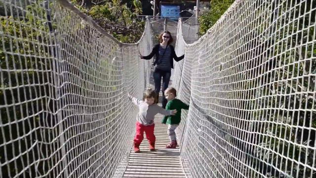 Дети гуляют по висячему мосту в сафари-парке Aventura, Андалузия смотреть онлайн