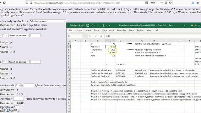 Hypothesis Testing excel mean right tail p vs alpha смотреть онлайн