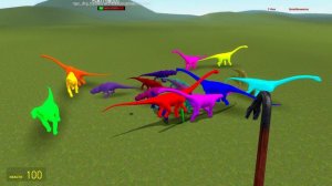 Brachiosaurus Color Pack vs Spinosaurus vs T-Rex Dinosaurs Fighting in Garry's Mod