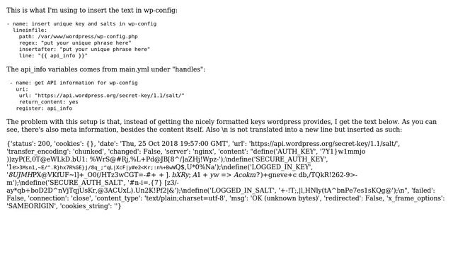 wordpress api unique keys/salts not properly inserted with lineinfile and uri module in ansible смотреть онлайн