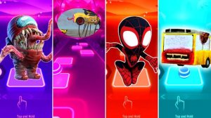 Among Us Eater vs Lighting McQueen Eater vs Spider-Man Eater vs Bus Eater – Tiles Hop EDM Rush!