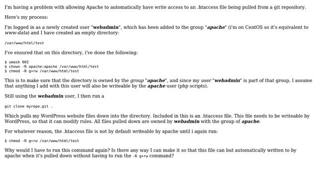 Automatically give Apache write permissions to newly added git clone files (-R g+rw) смотреть онлайн
