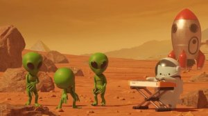 кот играет на пианино в космосе