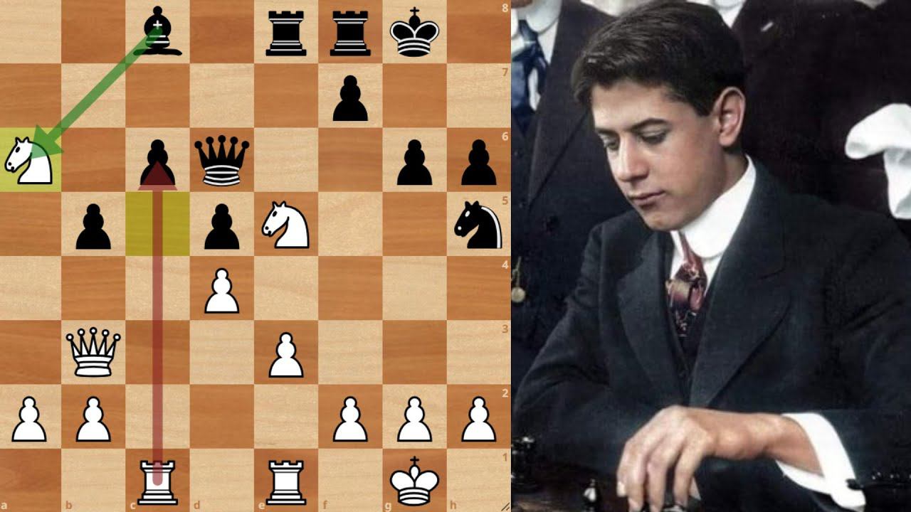 Капабланка жертвует Конем, чтобы разрушить пешечную крепость Шахматы смотреть онлайн