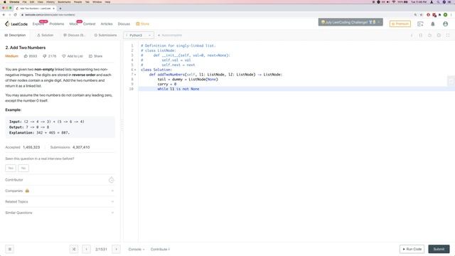 Leetcode Problem 2: Add Two Numbers | Python | Live Coding/Explanation смотреть онлайн