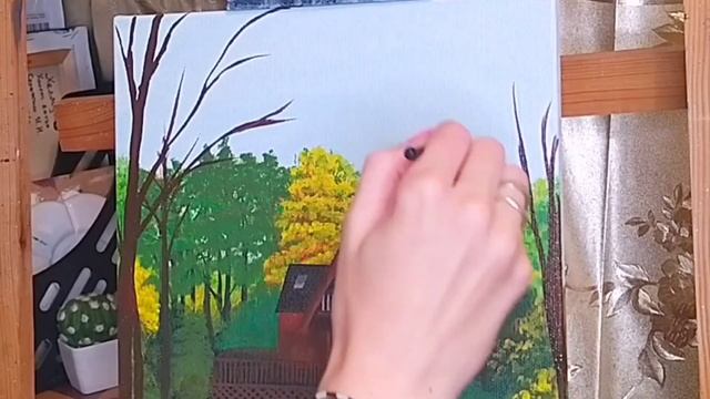 Как нарисовать ОСЕННИЙ ЛЕС с домиком. Acrylic. Easy Autumn Tree Landscape Painting. смотреть онлайн