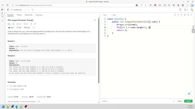 LeetCode 976 | Largest Perimeter Triangle | Math | Debug | Java смотреть онлайн