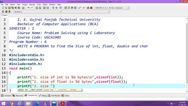 C Lab Part 6 : WRITE A PROGRAM to Find the Size of int, float, double and char смотреть онлайн