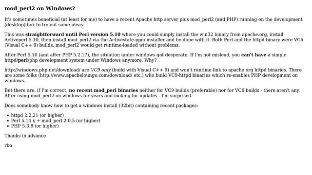 DevOps & SysAdmins: mod_perl (2.0.x) on apache 2.2.x on Windows - abandoned? смотреть онлайн