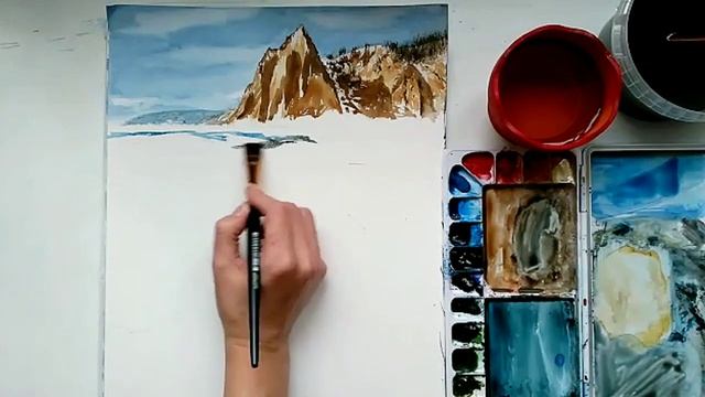 Акварель. Простой зимний пейзаж. Озеро Байкал /Watercolor. Easy winter landscape смотреть онлайн
