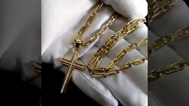 Двухцветный крест с бриллиантами на цепочке плетение Якорь 1+1 смотреть онлайн