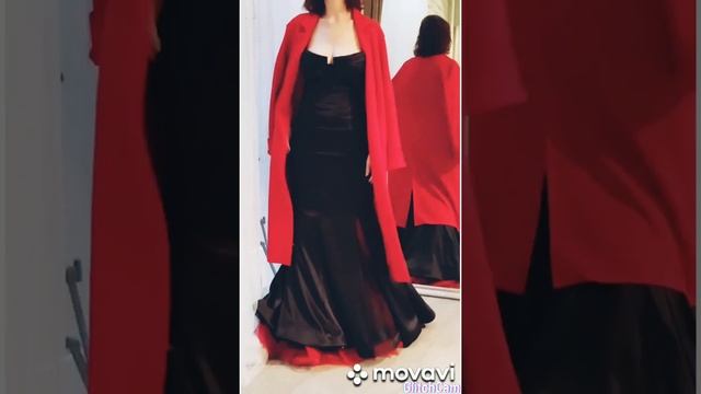 Черно-красное платье в пол.Вечернее платье.Красное пальто.