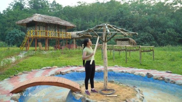 Building One-Pillar Cabin And Stone Table and Chairs In The Aquarium, BUILD LOG CABIN - Build Farm