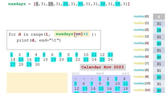 Python calendar 月曆: for ... range + array 陣列 (maxdays[ ]) смотреть онлайн