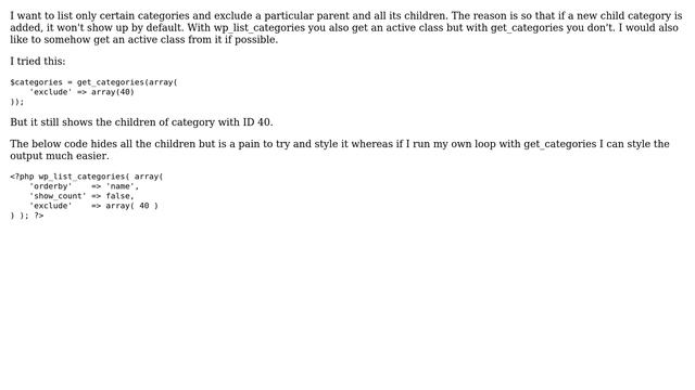 Wordpress: How to exclude children categories of parent category? смотреть онлайн