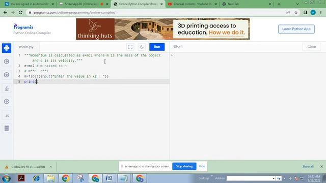 Python program for Calculating the momentum of object by formula e=mc2 смотреть онлайн