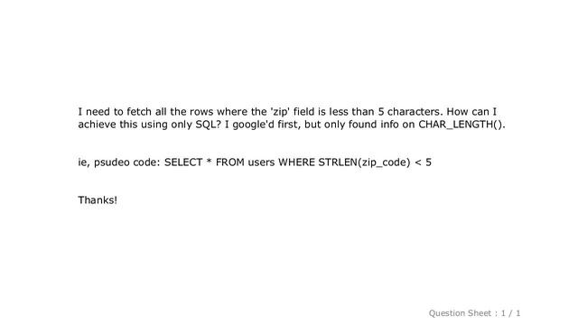 MySQL : MySQL - Fetch rows where a field value is less than 5 chars смотреть онлайн