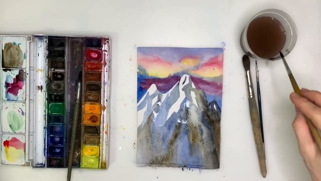 Как нарисовать закат и горы. Рисуем горный пейзаж акварелью. Урок рисования. Рисую просто и легко смотреть онлайн
