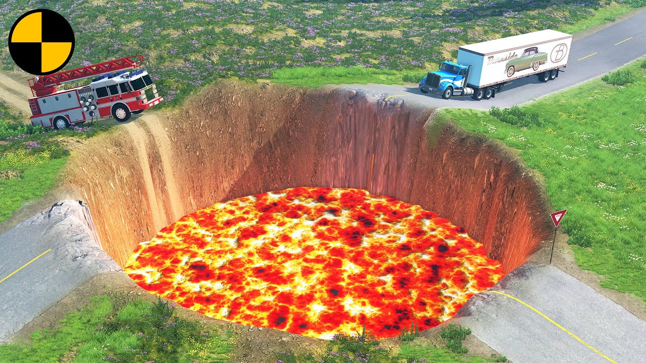 Cars Vs Giant Lava Crater - BeamNG.drive (Giant Pit And Deep Water )