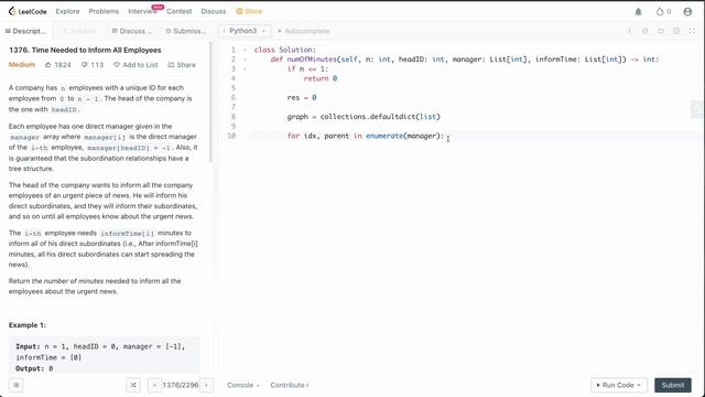 TIME NEEDED TO INFORM ALL EMPLOYEES | LEETCODE # 1376 | PYTHON GRAPH BFS SOLUTION смотреть онлайн