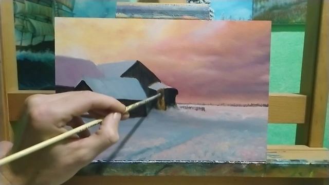 Зимний закат маслом|как рисовать зимний пейзаж art смотреть онлайн