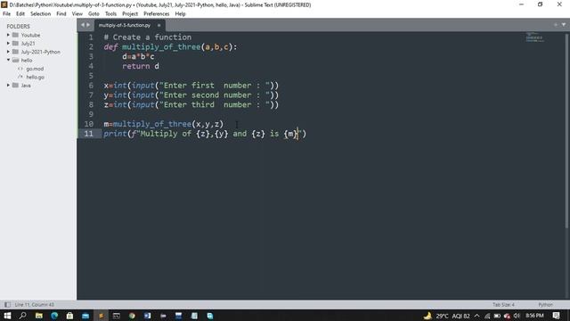 Python program to create a function which takes three numbers as argument and return their multiply смотреть онлайн