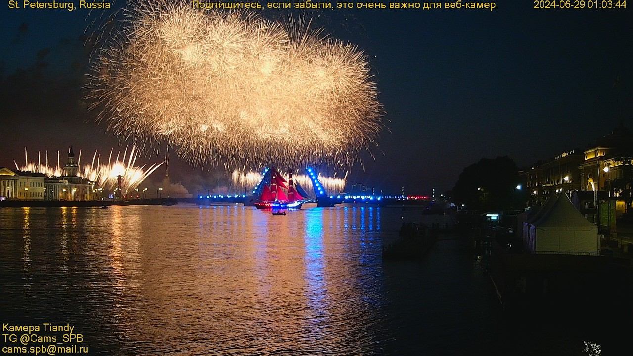 Russia's Largest Firework ($400,000) and the brig with Scarlet Sails passes the raised bridge смотреть онлайн