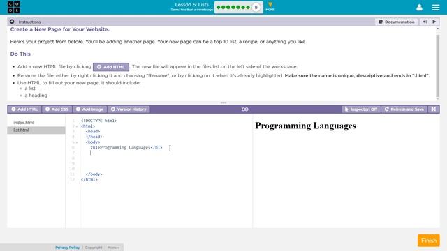 Lists - Lesson 6.8 Tutorial with Answers - Code.org Web Development смотреть онлайн