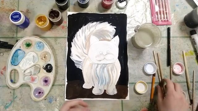 Рисуем белого кота гуашью пошагово! Очень добрый и пушистый белый кот! Самый легкий урок рисования! смотреть онлайн