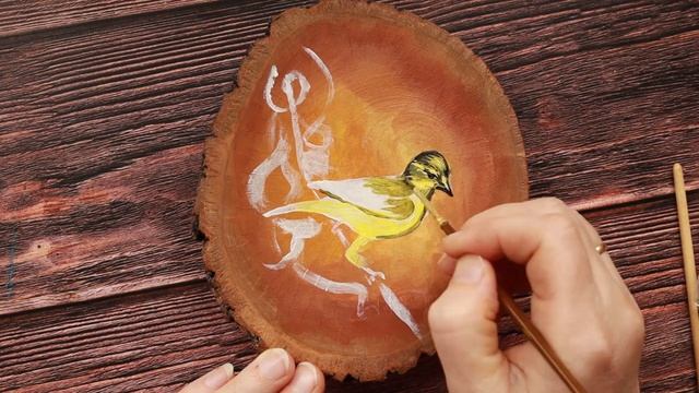 Птичка пеночка. Миниатюра на дереве -warbler bird. Miniature on wood смотреть онлайн