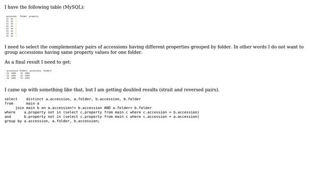 Databases: MySQL select complementary pairs on particular values смотреть онлайн