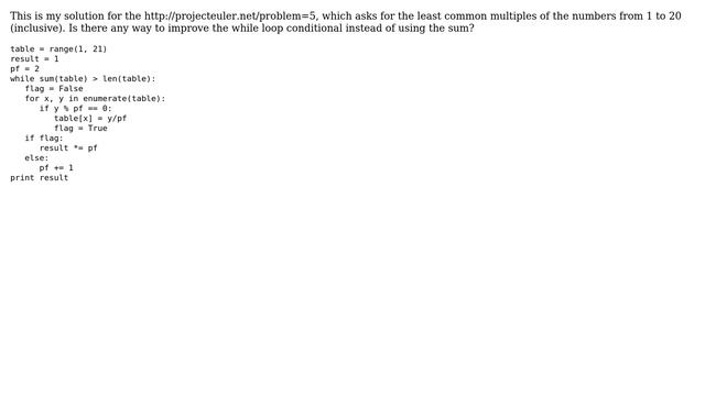 Code Review: Optimizing Python code for Project Euler #5 (LCM of all numbers from 1 to 20) смотреть онлайн