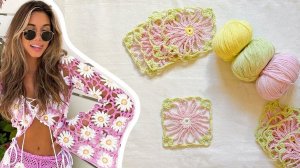 Мотив "ЦВЕТОК" крючком | Бабушкин квадрат для кофты, авоськи, кардигана