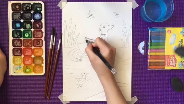 Рисуем уточку с утятами поэтапно /Учимся рисовать/Уроки ИЗО смотреть онлайн