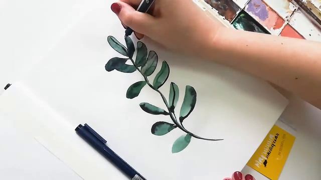 Рисую веточку акварелью за 1 мин | видео процесс рисования смотреть онлайн