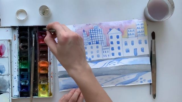 Рисуем зимний город. Как нарисовать зимний городской пейзаж. Урок рисования для детей. смотреть онлайн